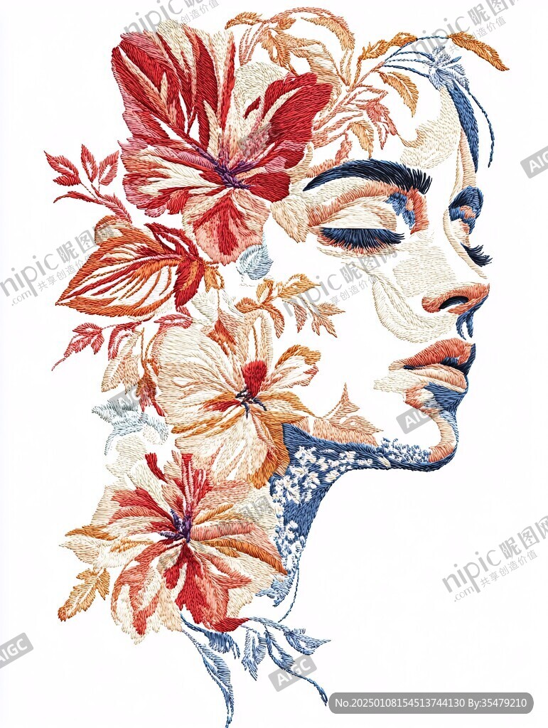 手繪抽象女人花草插畫