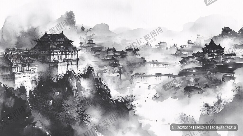 插畫橫店水彩水墨山水