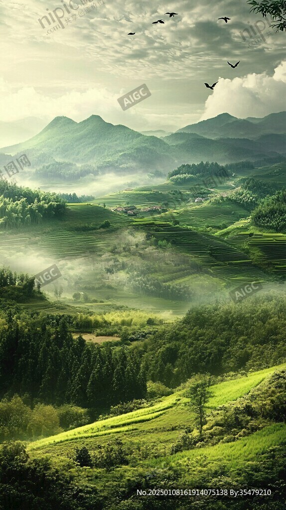 綠色山水風(fēng)景畫(huà)