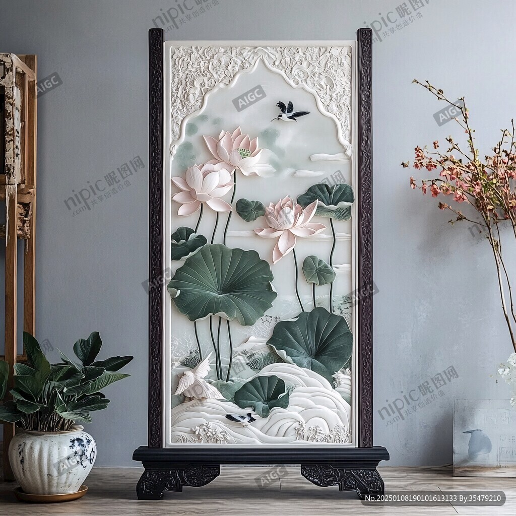 浮雕荷花荷葉掛畫