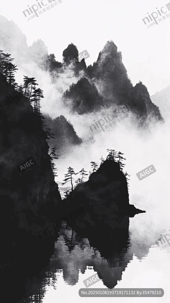 水墨山水倒影禪境