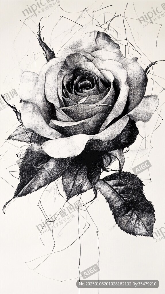 玫瑰花黑白線描畫