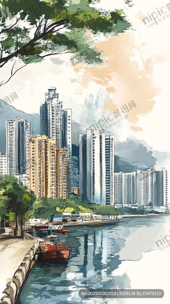維多利亞港手繪插畫