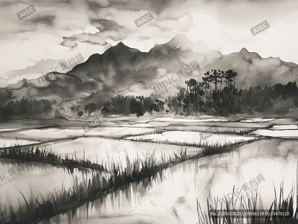 插畫華南水彩水墨山水