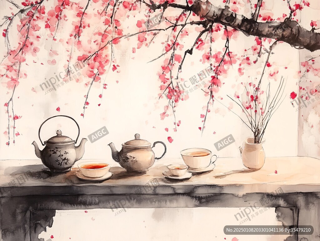 禪茶一味水彩畫