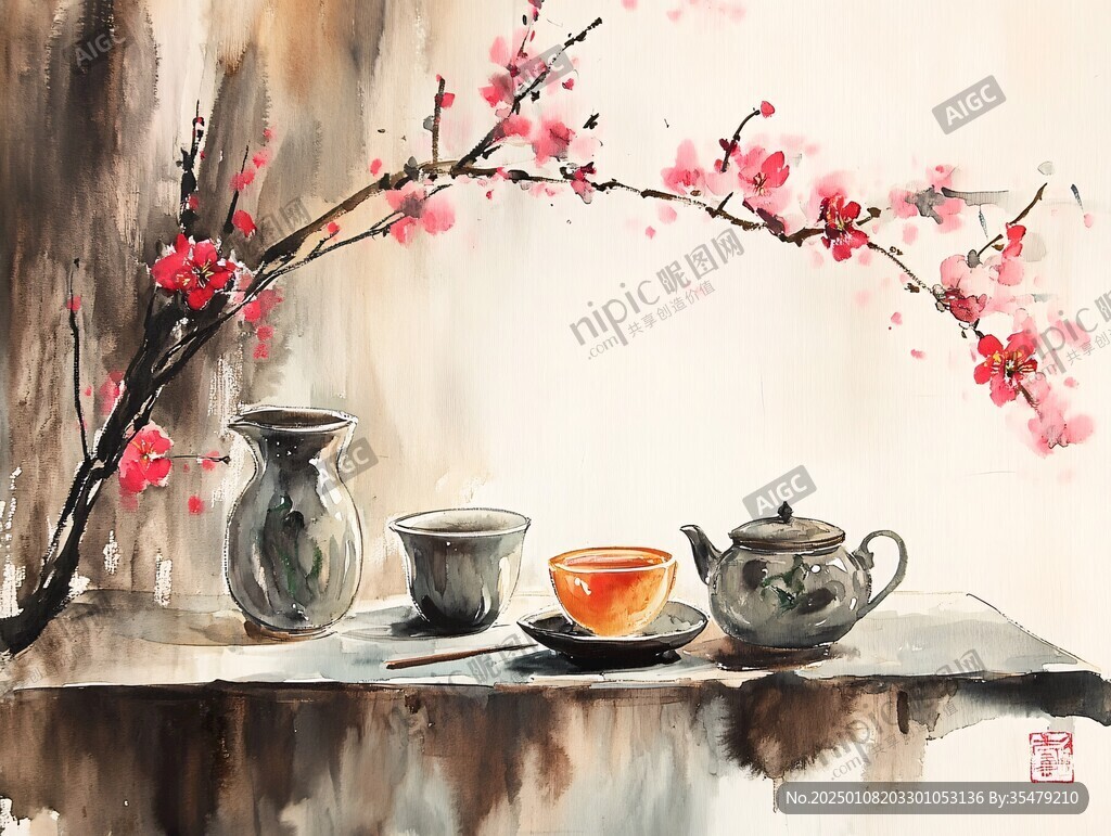 禪茶一味水彩畫