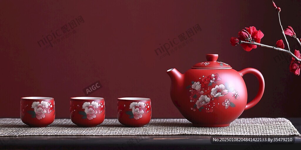 紅地梅花紋茶具