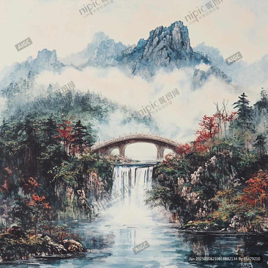 油畫風景油畫大橋