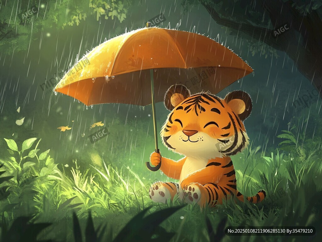 雨天傘下躲雨貓咪插畫