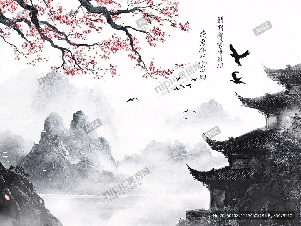仙鶴樓閣古風(fēng)山水畫
