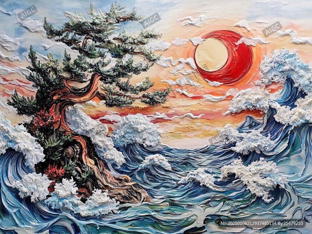 海浪仙鶴松樹