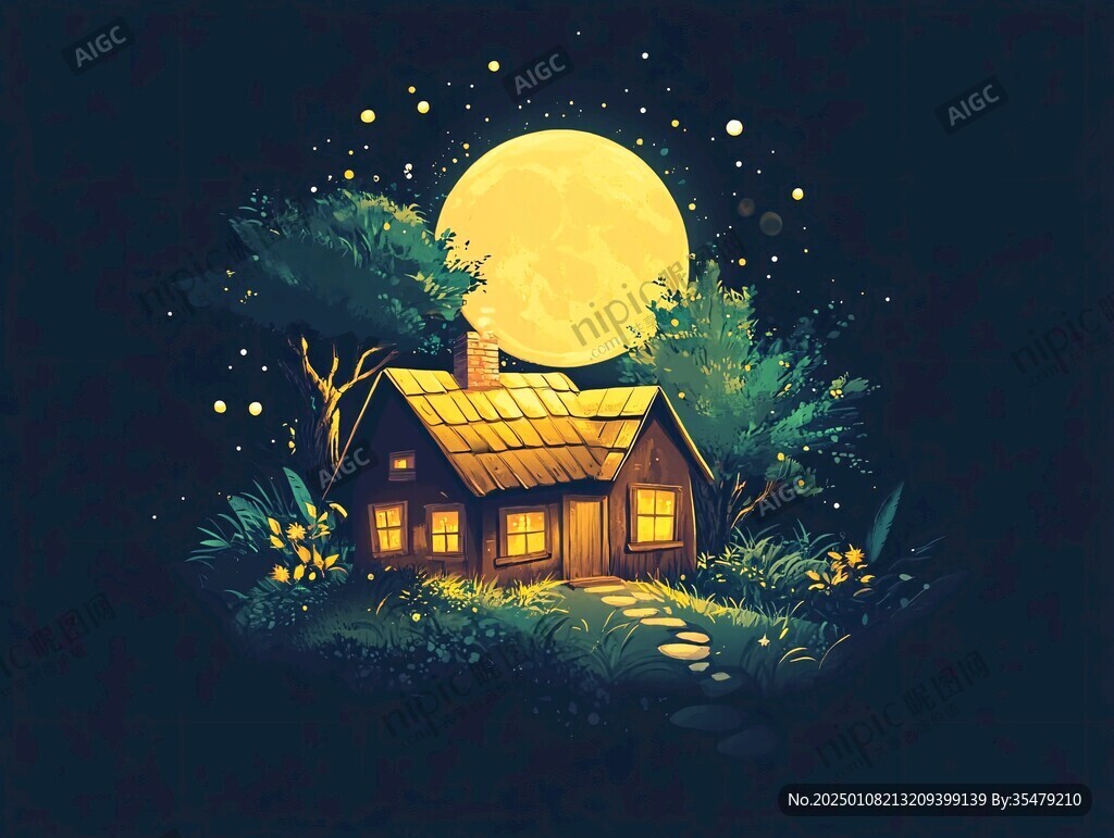 月色夜晚手繪插畫