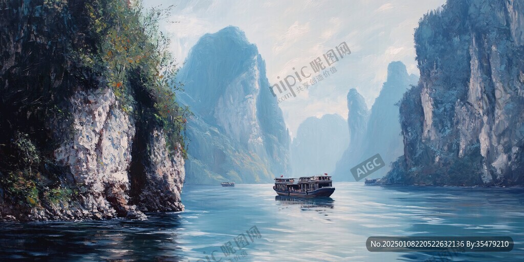 山峰漁船群山油畫壁畫