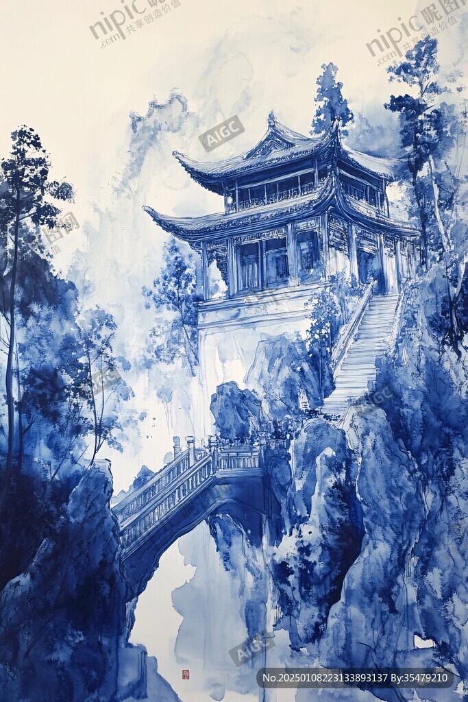 古風亭臺樓閣油畫