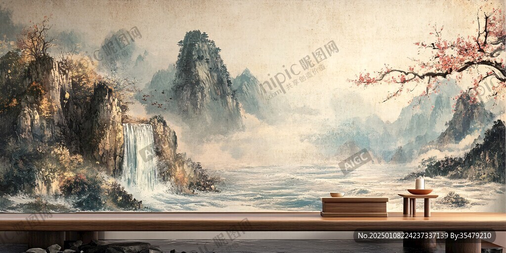 巨幅復(fù)古山水背景墻
