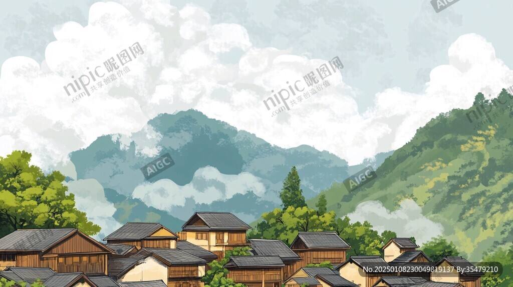 山村民居插畫