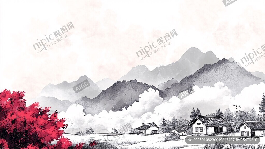 山村水墨意境風(fēng)景畫
