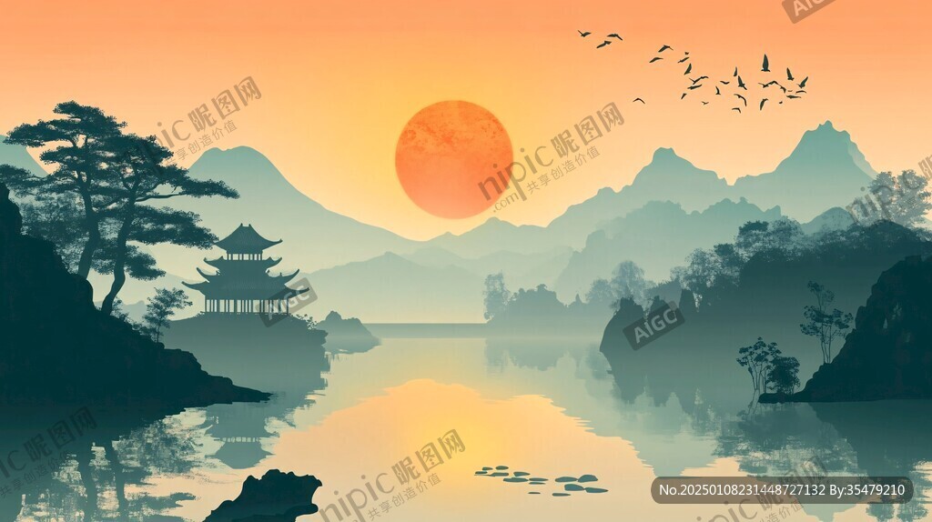 中式山水日出