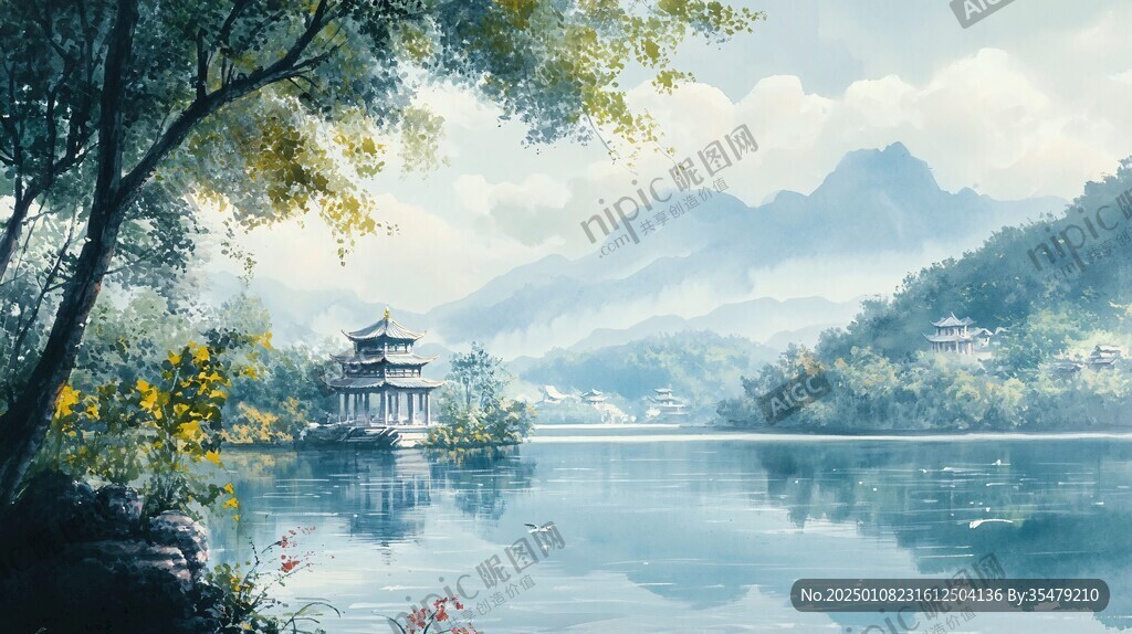 插畫橫店水彩水墨山水