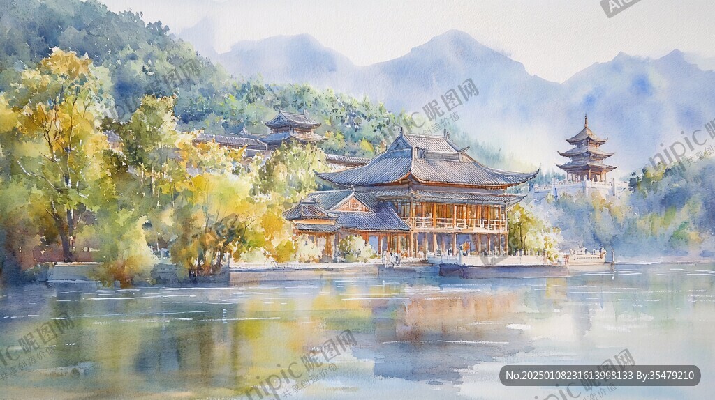 插畫橫店水彩水墨山水