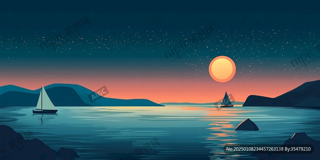 海上落日插畫