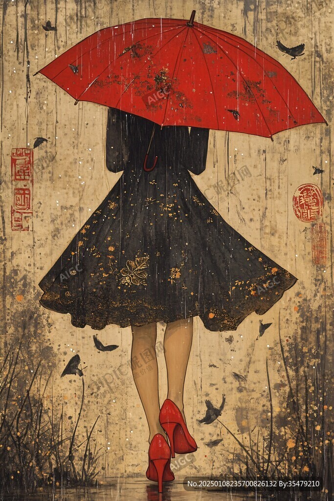 撐傘紅衣背影