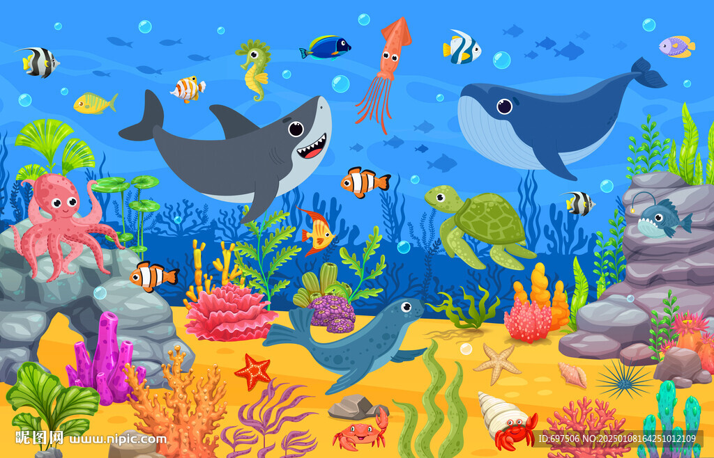 卡通鯨魚海底鯊魚珊瑚水族館背景