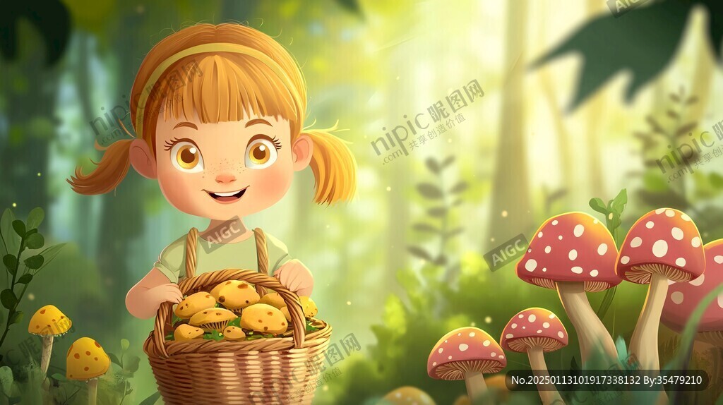 采蘑菇的小姑娘插畫
