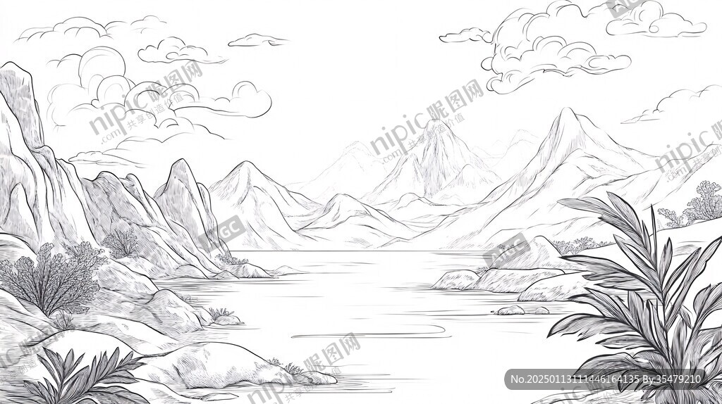 線描古風江景山水