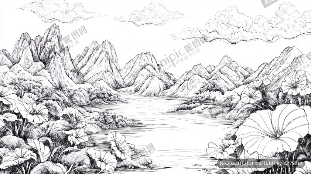 線描古風江景山水