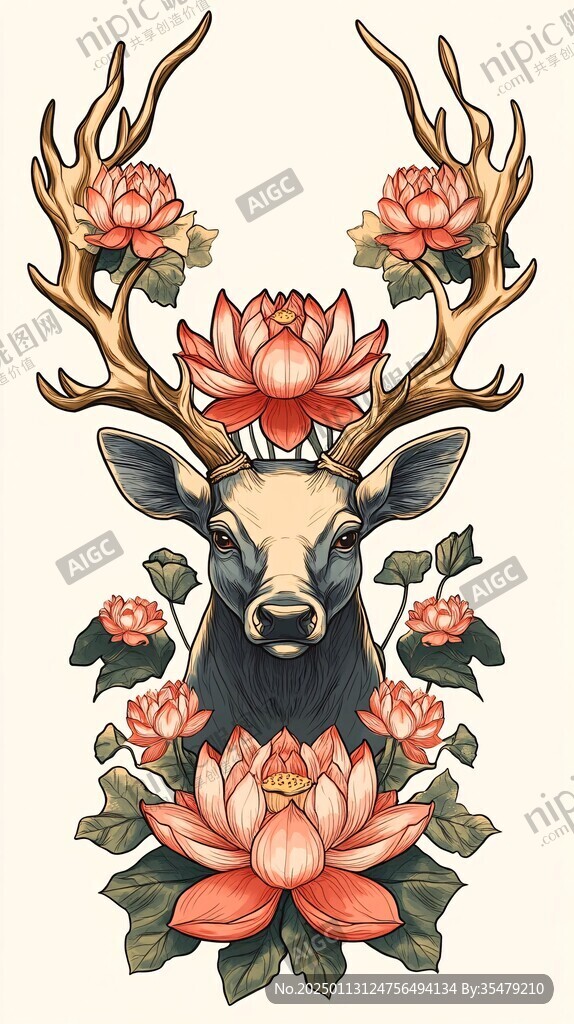 麋鹿花鳥插畫