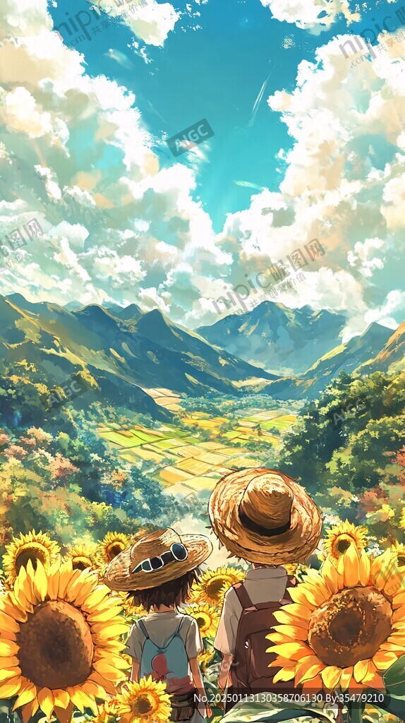 向日葵中的男生背影
