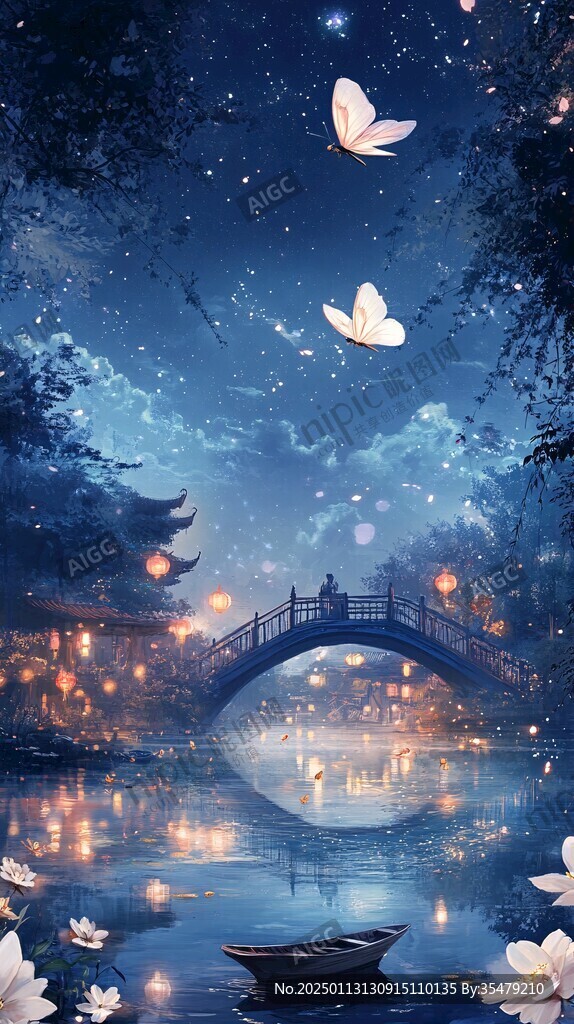 插畫夜景湖泊