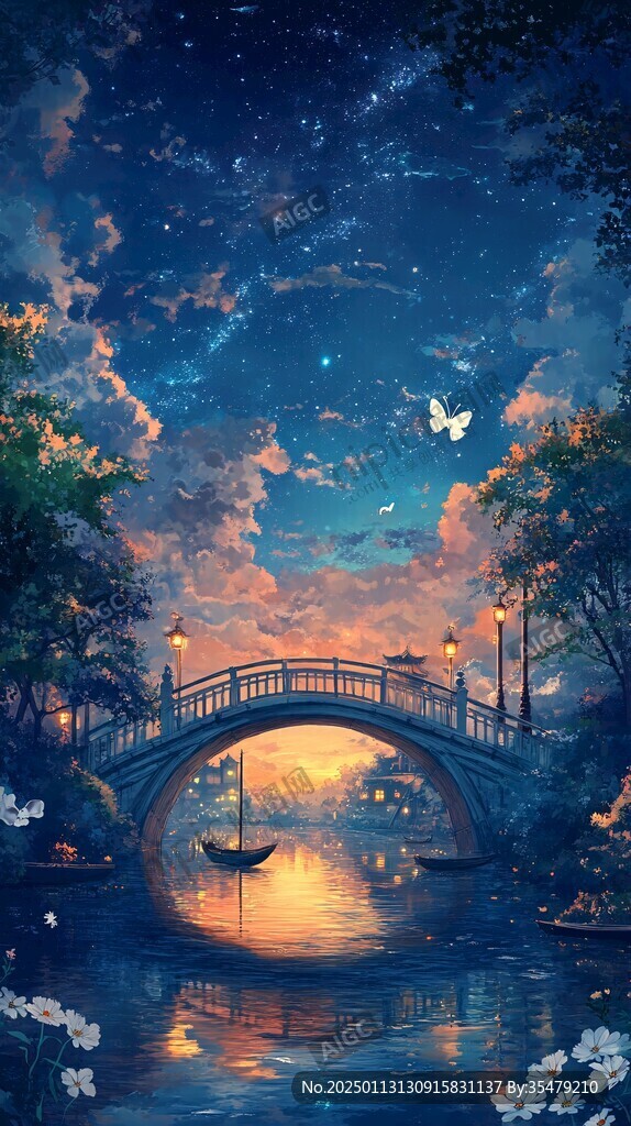插畫夜景湖泊