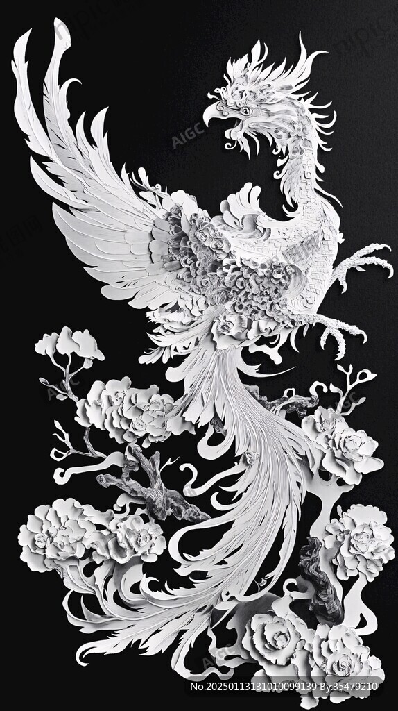 鳳凰牡丹灰度圖
