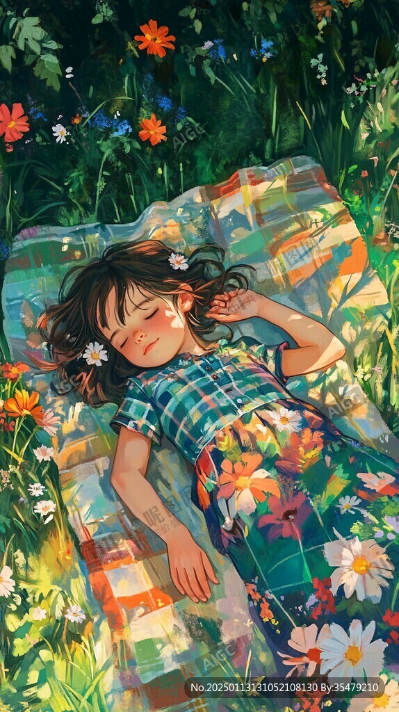 躺在樹下的小女孩插畫