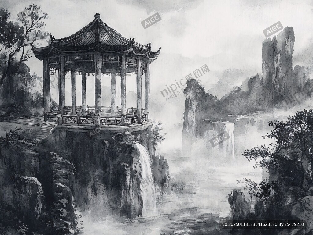 亭臺水墨畫