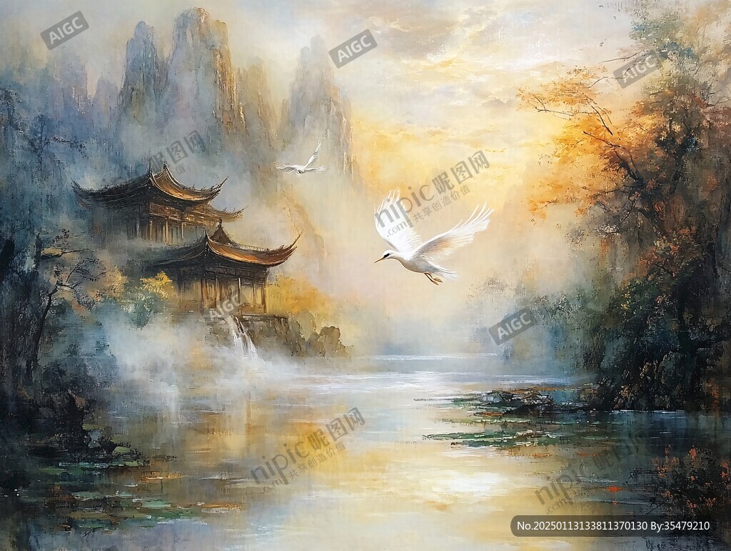 仙鶴樓閣古風山水畫