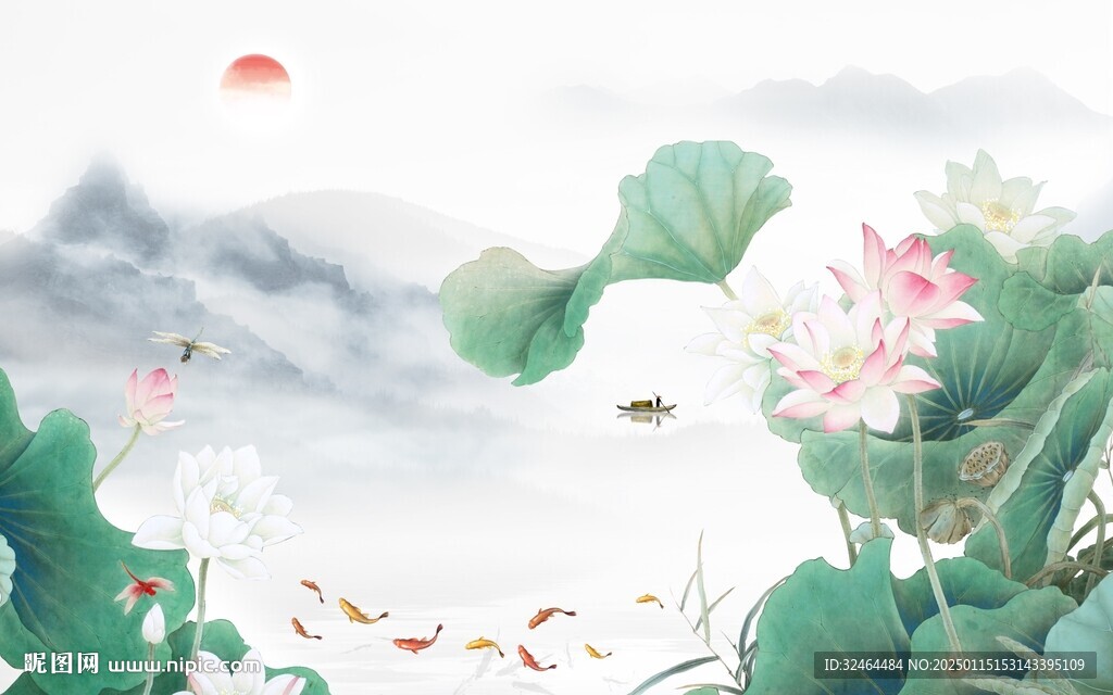 新中式蓮花山水九魚圖