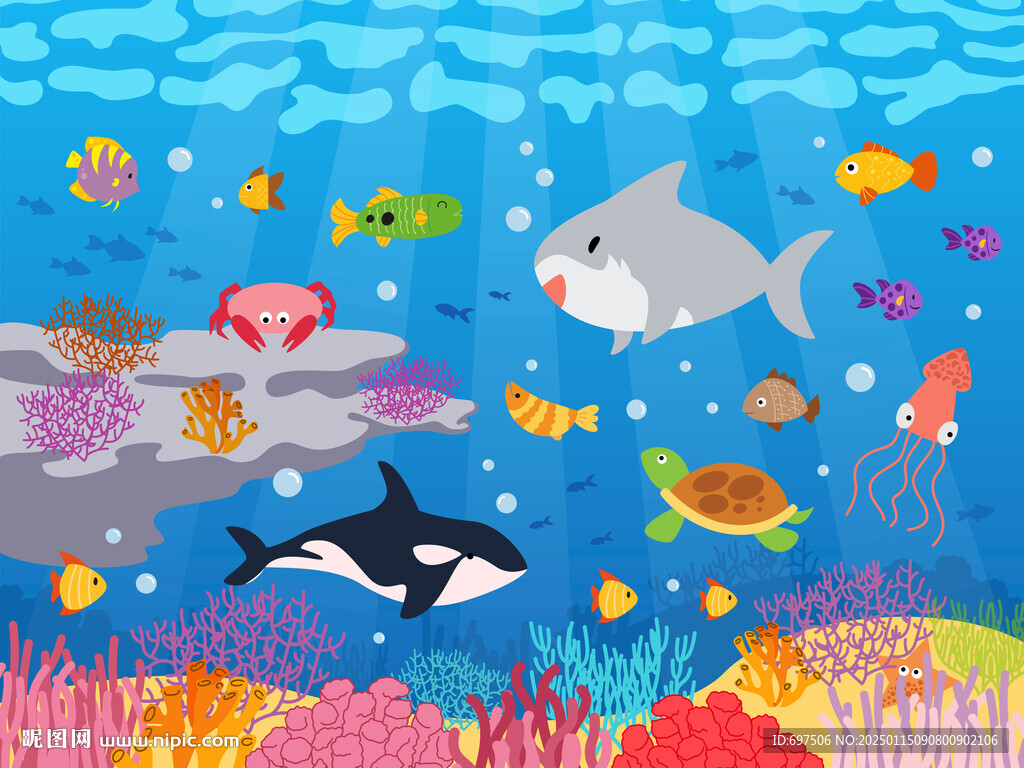 卡通鯊魚海洋鯨魚海底動物背景墻