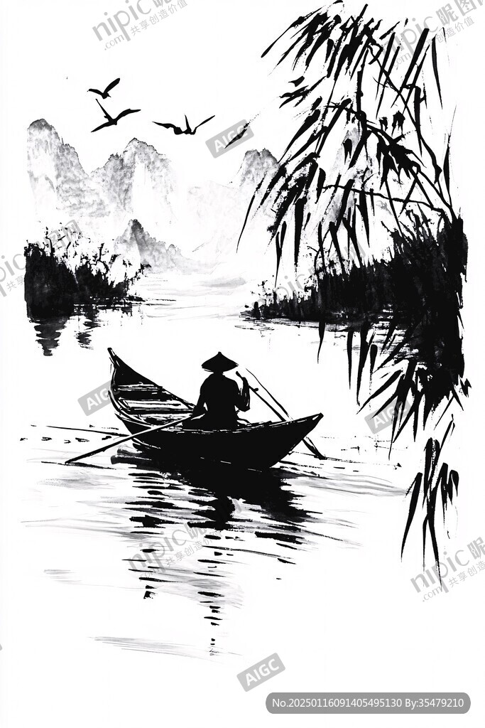 水墨漁夫垂釣水鄉(xiāng)
