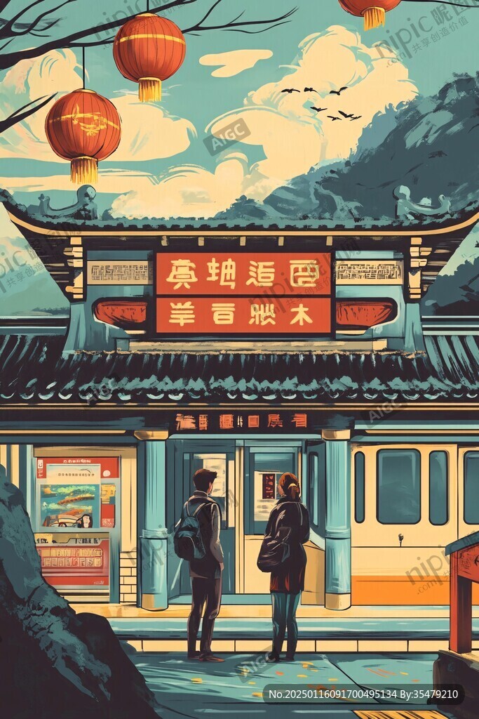 橫店插畫宣傳背景素材