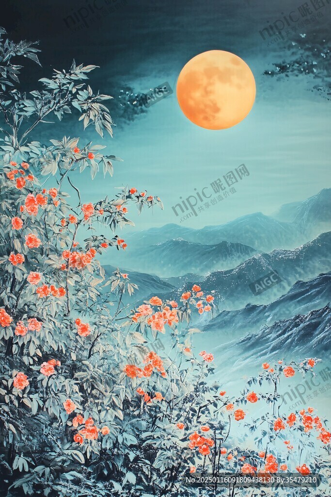 花好月圓水墨山水畫