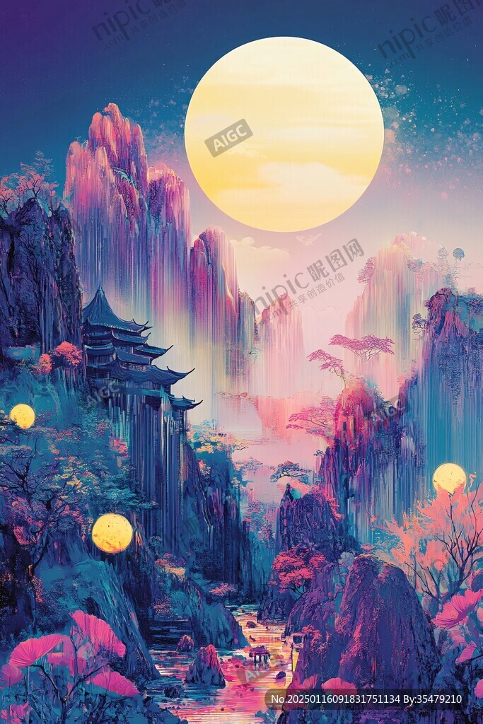 虎溪夜月景點插畫