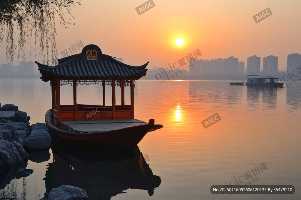 夕陽下的畫舫