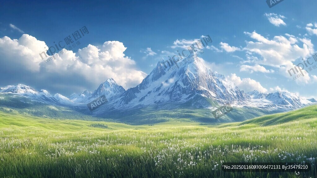 藍(lán)天白云山脈草地背景