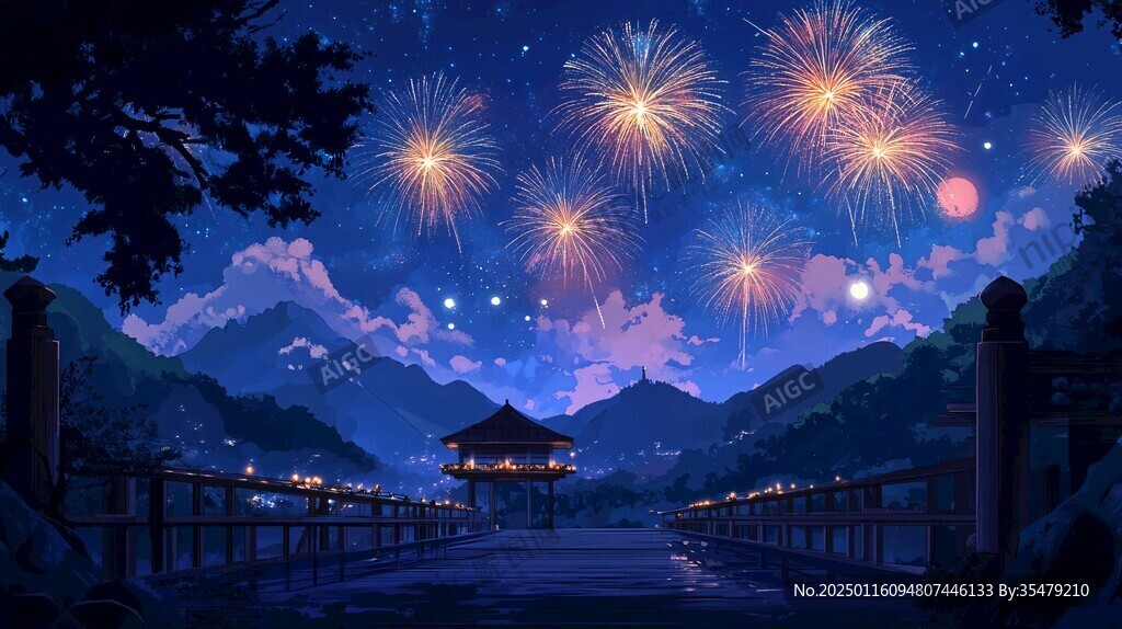 賞煙花插畫