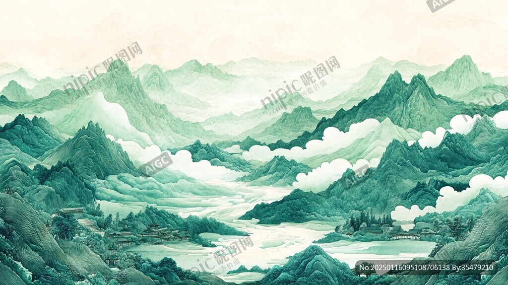 古風青綠金碧山水畫