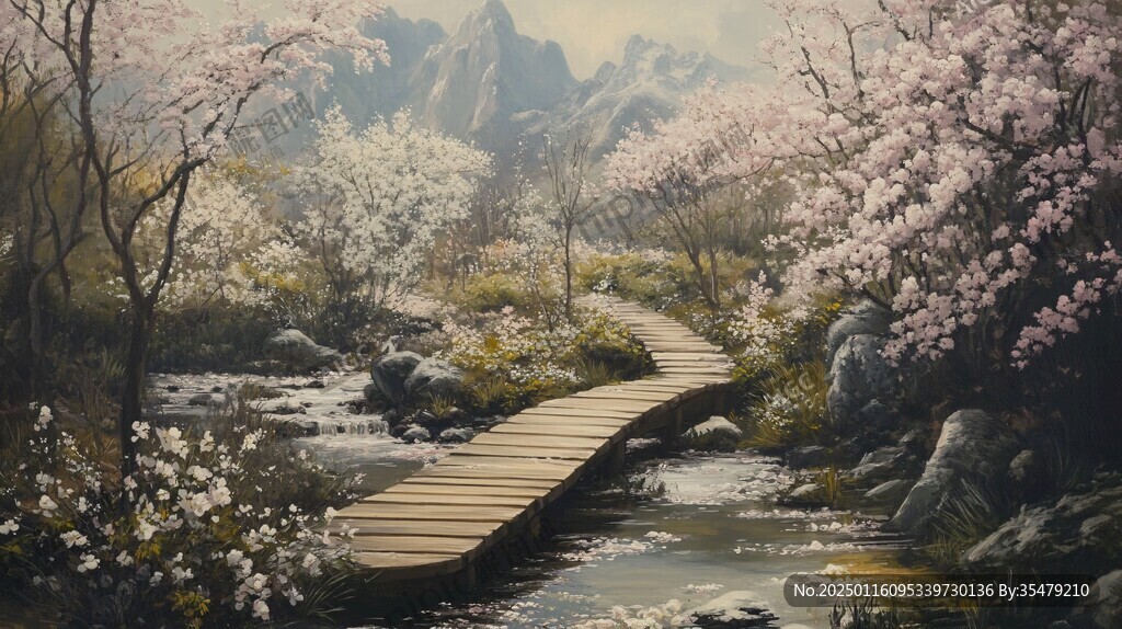 桃花風(fēng)景油畫(huà)
