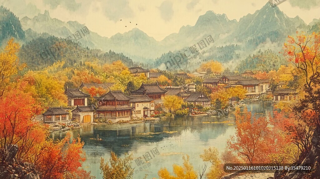 首爾彩繪山水水墨畫